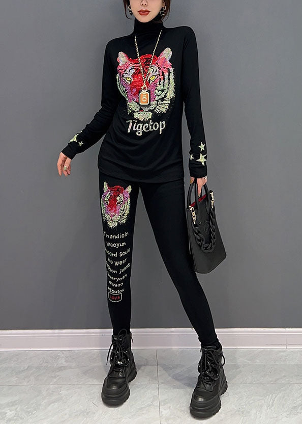 Novelty Black Turtleneck Animal Print Cotton Two Pieces Spring