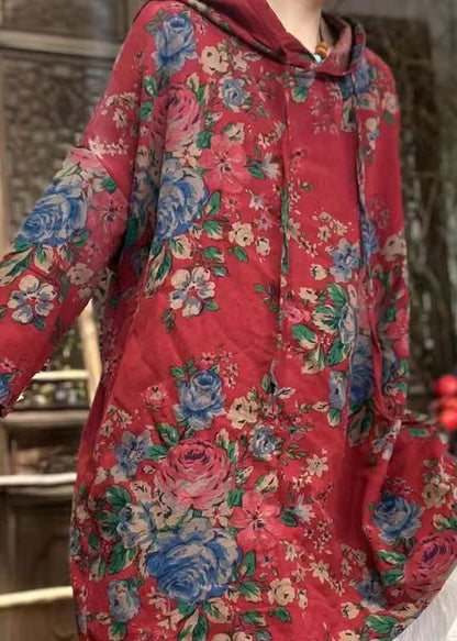 Red Hooded Print Linen Tops Spring