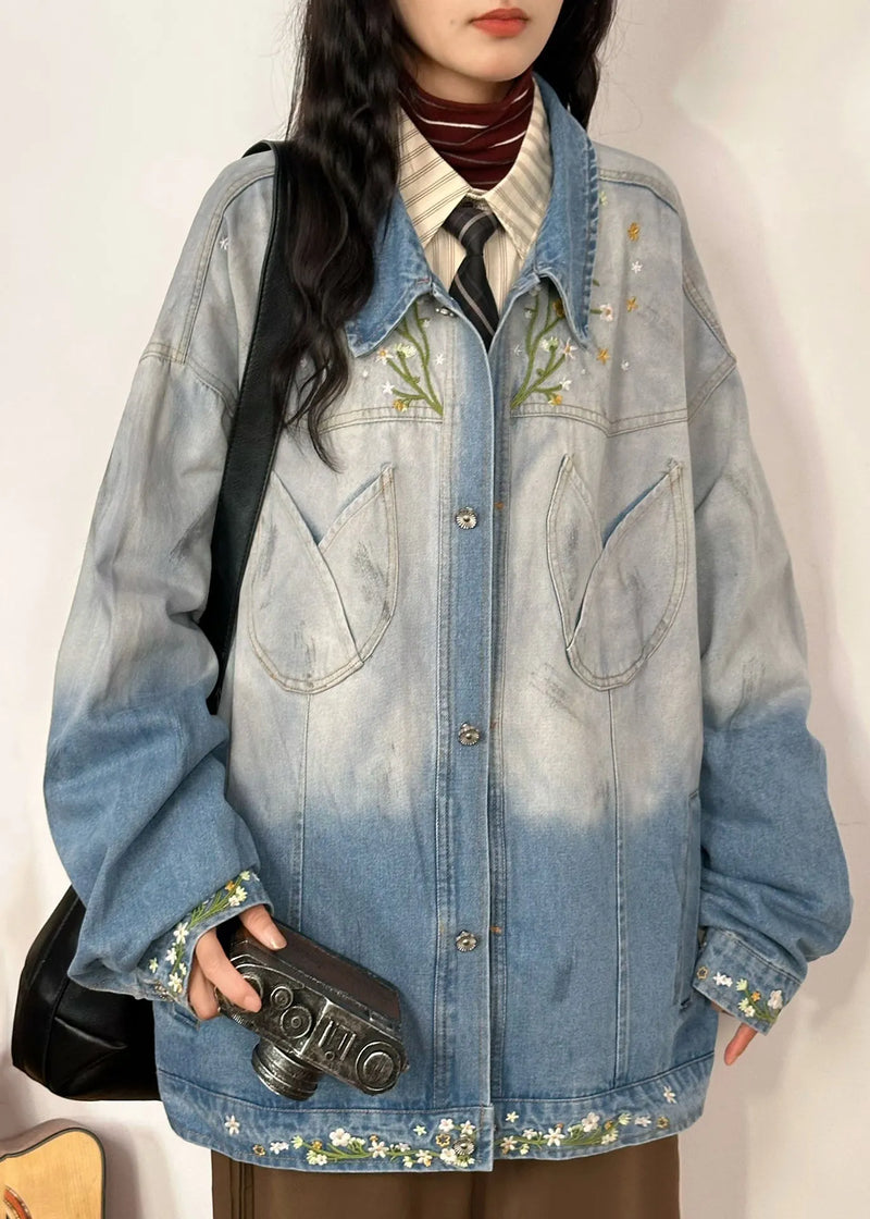 Gradient Color Embroidered Pockets Denim Coats Fall