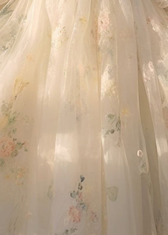 Beige V Neck High Waist Tulle Maxi Dresses Long Sleeve
