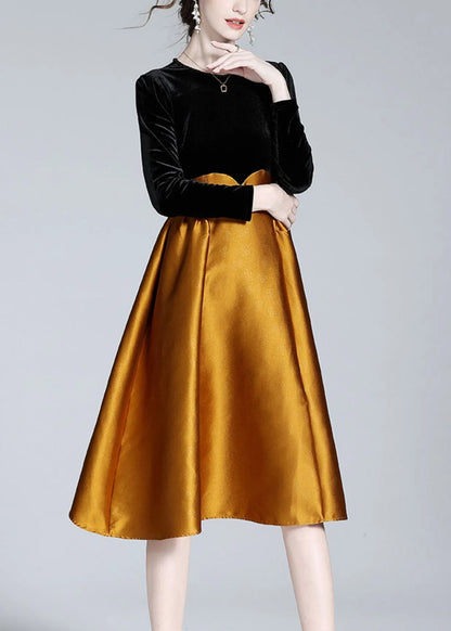 Black Patchwork Orange Velour Long Dress Spring