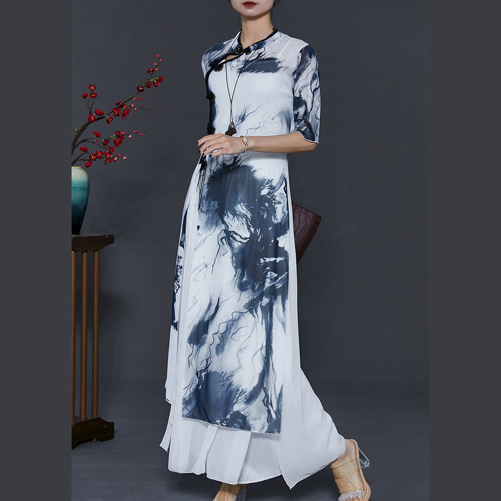 White Tie Dye Silm Fit Silk Oriental Two Piece Set Summer