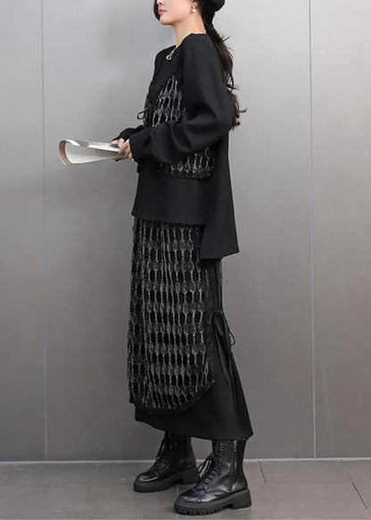 Unique Black O-neck Plaid Patchwork Top and Maxi Skirts Two Piece Set Spring