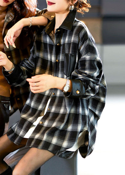 Loose Black Peter Pan Collar Plaid Side Open Button Shirt Fall