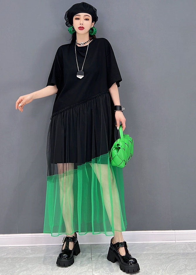 Black O-neck Tulle Patchwork Cotton Robe Dresses Short Sleeve