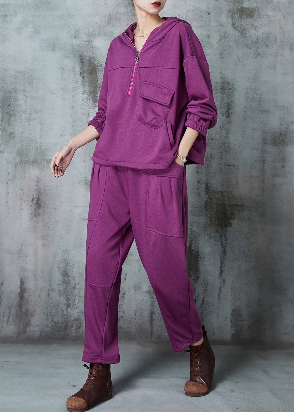 Diy Purple Hooded Drawstring Cotton Pullover Sweatshirt Two Piece Set Spring