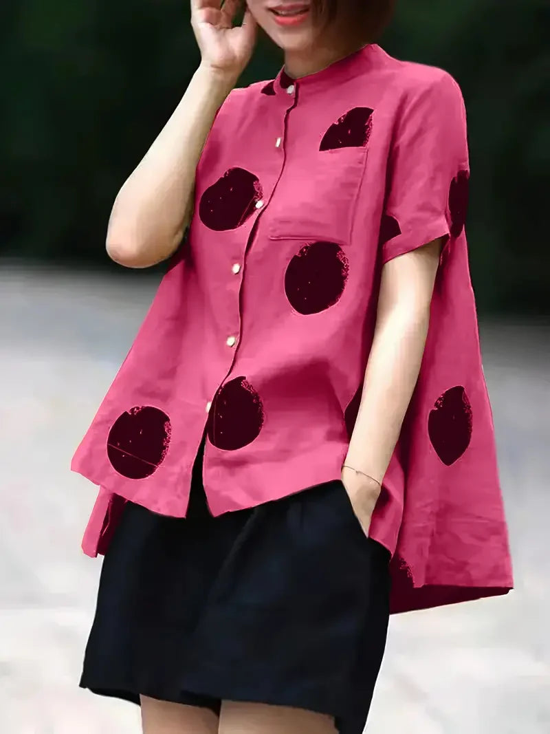 Red Dot Print Patchwork Linen Top Button Stand Collar Summer