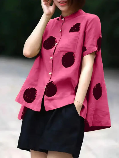 Red Dot Print Patchwork Linen Top Button Stand Collar Summer