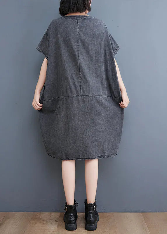Boutique Black V Neck Patchwork Low High Design Denim Dresses Short Sleeve