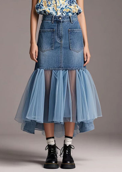 Blue Tulle Patchwork Denim Wraped Skirt Spring