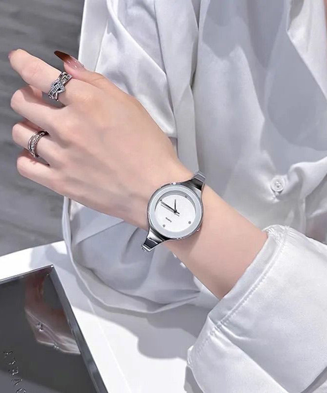Brief White Stainless Steel Zircon Quartzmovement Watches
