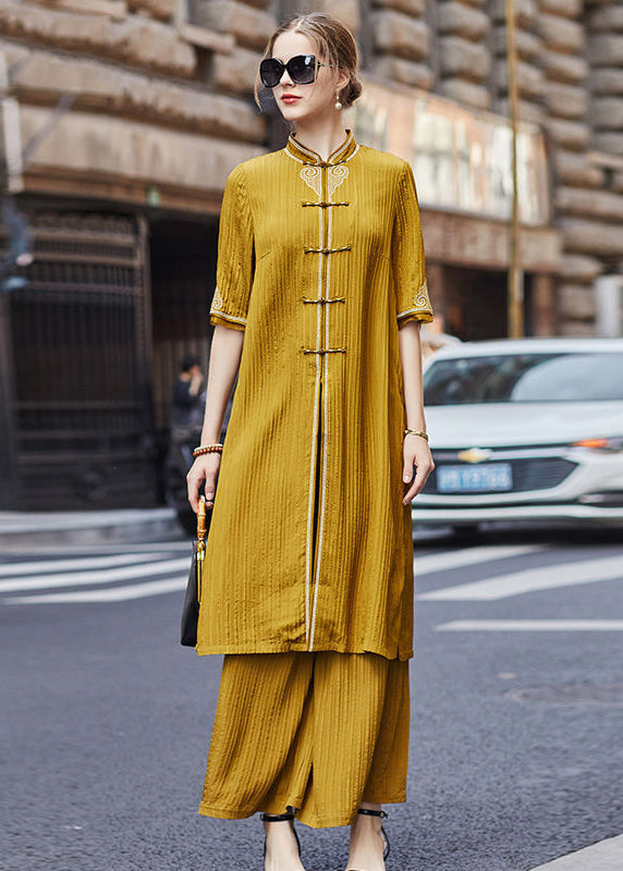 French Yellow Embroideried Chinese Button Silk Two-piece Set Fall