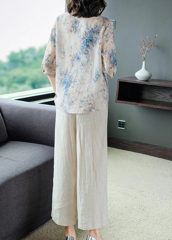 Loose Peter Pan Collar Print Linen Shirt and Wide Leg Pants Two Pieces Set Half Sleeve