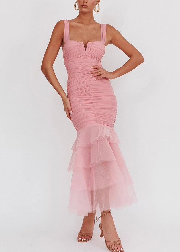 Slim Fit Pink Wrinkled Tulle Patchwork Long Dress Sleeveless Summer