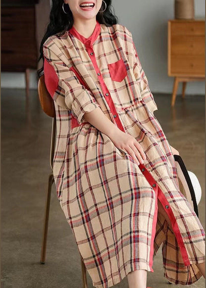 Blue O-neck Plaid Patchwork Shirt Dress Spring