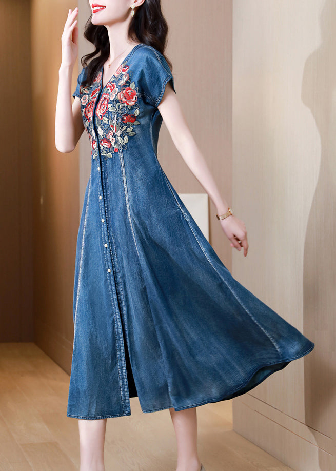 New Blue V Neck Embroideried Patchwork Denim Dress Summer