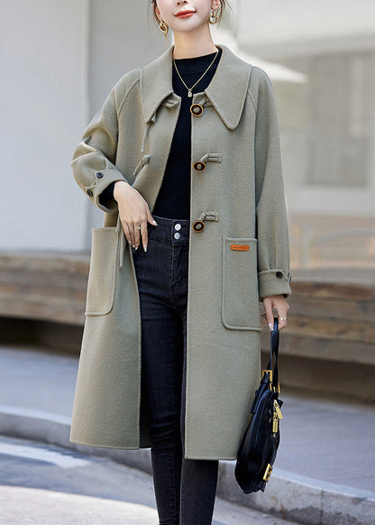 Light Green Button Pockets Patchwork Cashmere Coats Fall