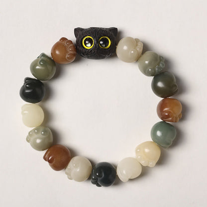 Buddha Stones Natural Bodhi Seed Paw Ebony Wood Lucky Cat Wisdom Bracelet