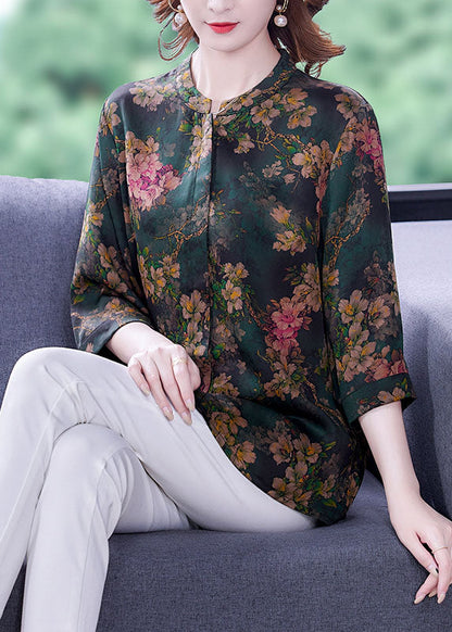 Green Stand Collar Print Silk Shirt Bracelet Sleeve