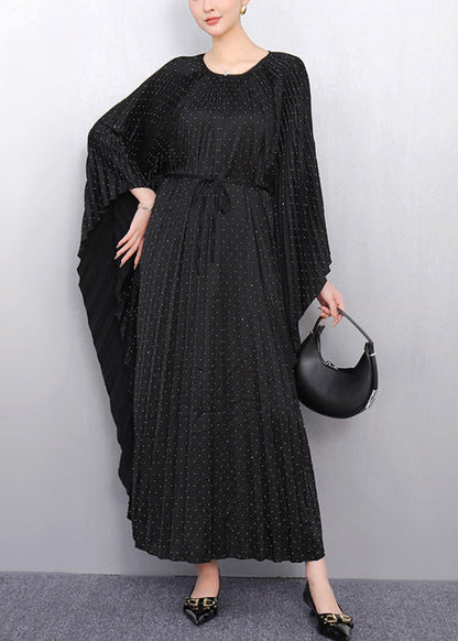 Black Oversized Cotton Pleated Dress Batwing Sleeve