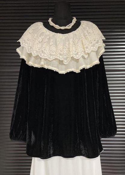 Fine Black Peter Pan Collar Patchwork Lace Silk Velour Shirt Fall