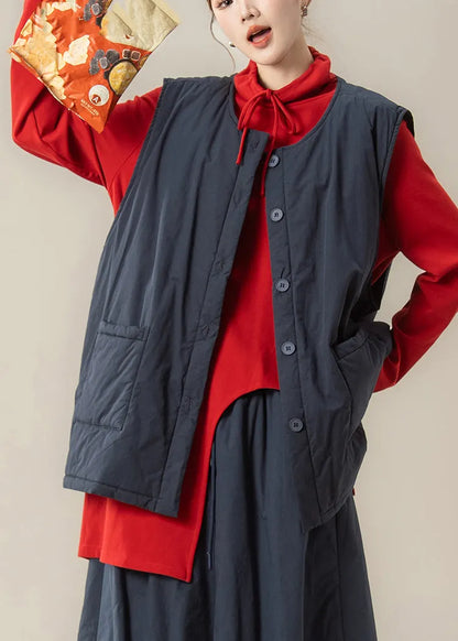 Navy Blue Patchwork Fine Cotton Filled Waistcoat and Red Top Two Piece Set Winter