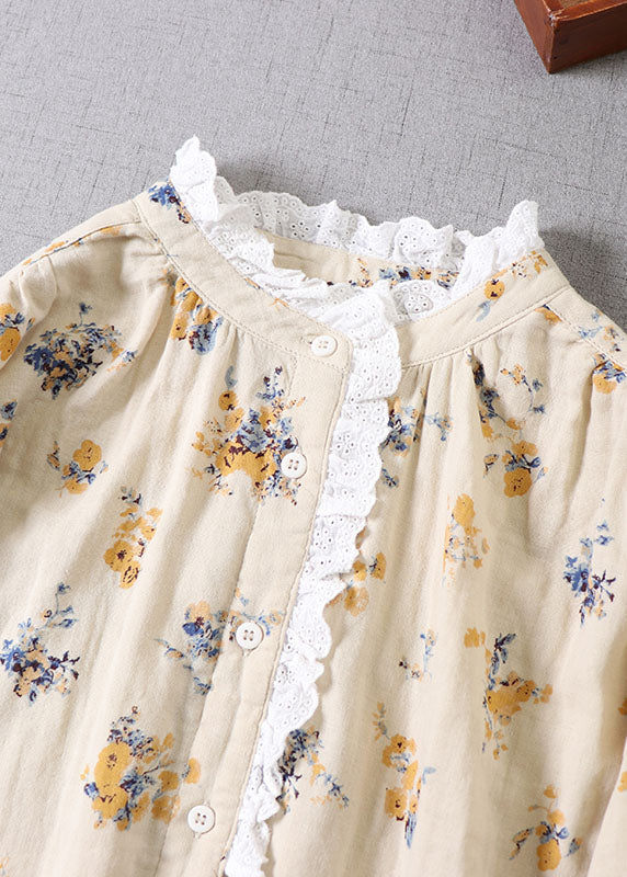 French Apricot Yellow Print Cotton Blouses Long Sleeve