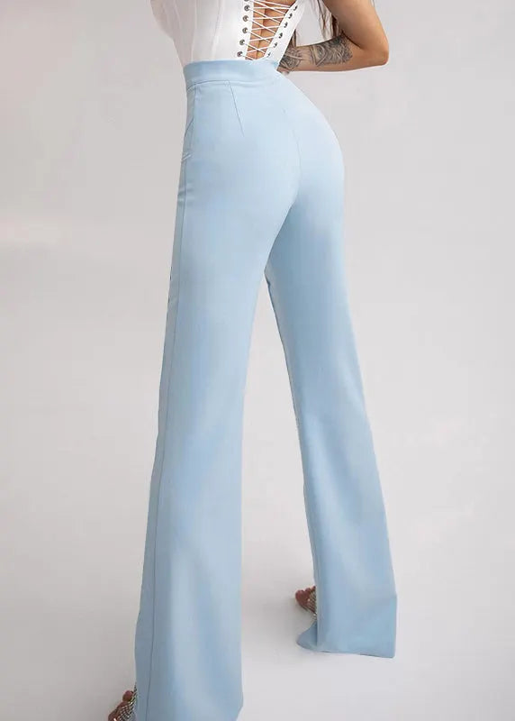 Blue Hollow Out Patchwork Tulle Bell-bottom Trousers Spring