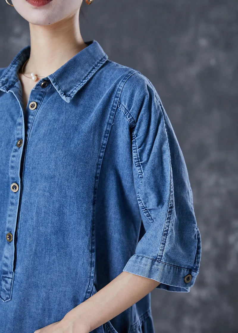 Handmade Blue Peter Pan Collar Denim a Line Dresses Half Sleeve