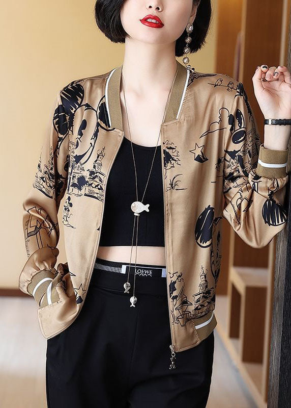 Coffee Zippered Patchwork Print Silk Coats Spring
