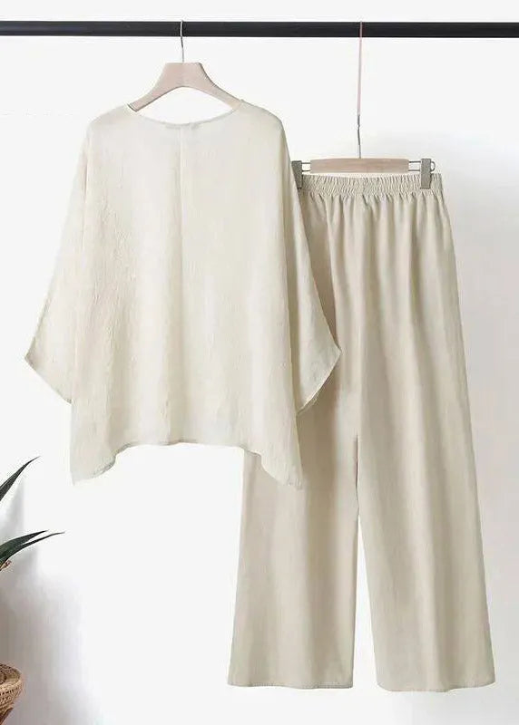 Blue O-neck Asymmetrical T Shirts and Wide Leg Pants Two Pieces Set Short Sleeve