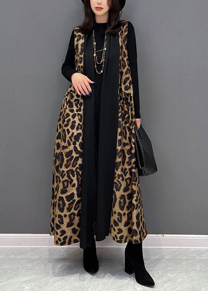 Black Leopard Print Patchwork Chiffon Long Cardigan Sleeveless