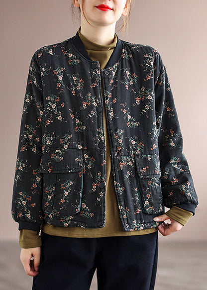 Black Print Pockets Patchwork Fine Cotton Filled Jackets Winter