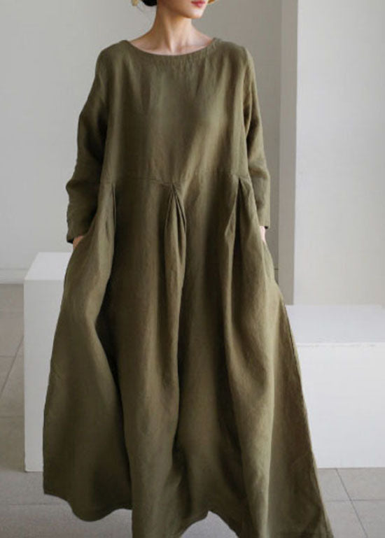 Organic Army Green O-neck Loose Cotton Dress Spring