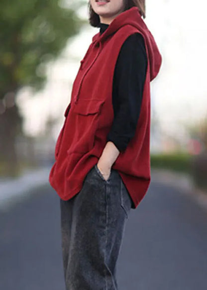 Classy Red Hooded Drawstring Pullover Sleeveless Waistcoat