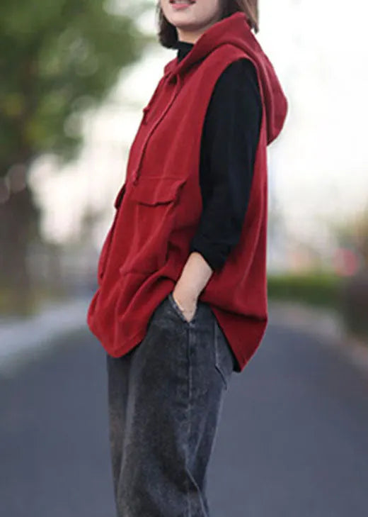 Classy Red Hooded Drawstring Pullover Sleeveless Waistcoat