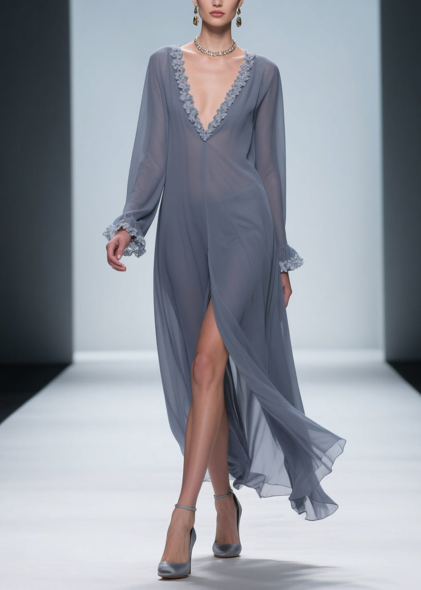 Grey Lace Side Open Chiffon Dress Flare Sleeve