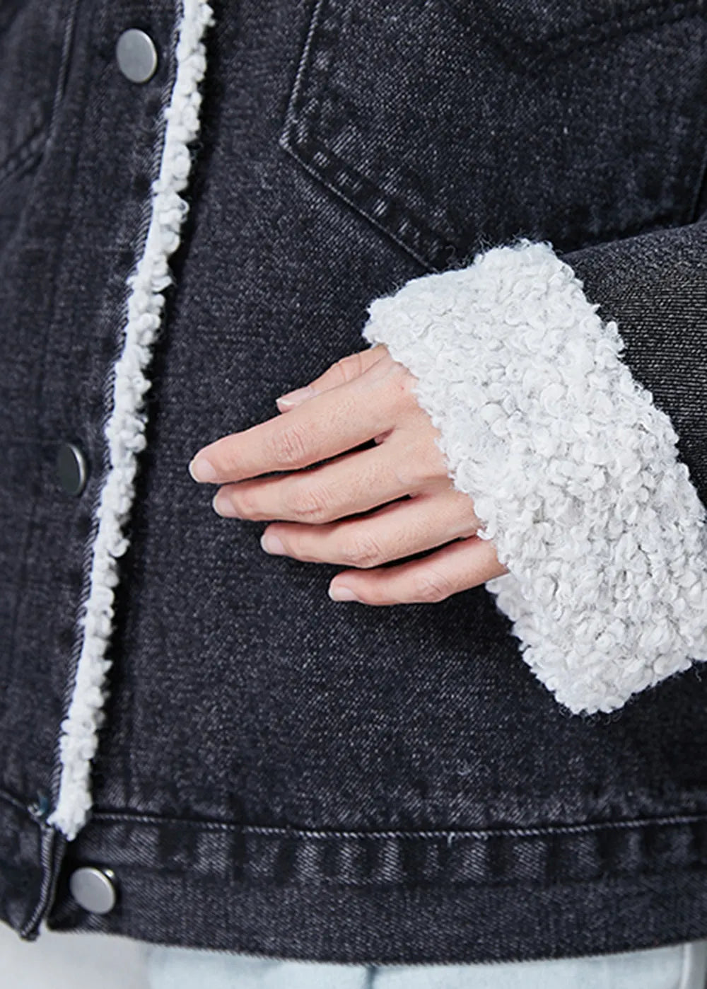 Black Peter Pan Collar Patchwork Warm Fleece Denim Jacket Winter