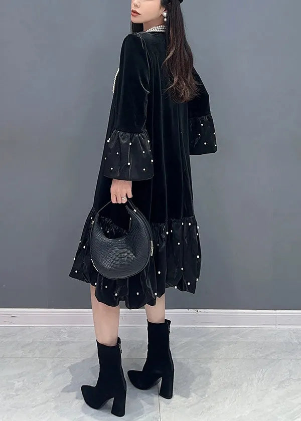 Black Zircon Patchwork Silk Velour Dress O Neck Long Sleeve