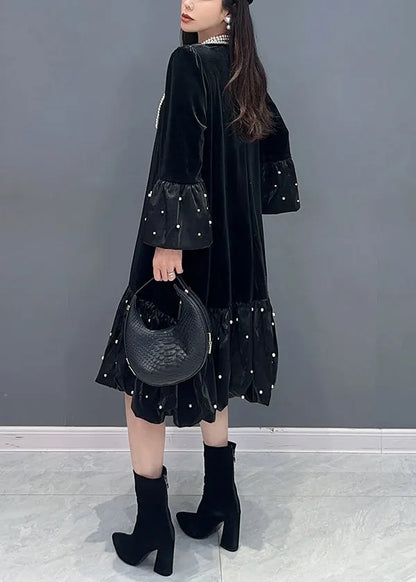 Black Zircon Patchwork Silk Velour Dress O Neck Long Sleeve