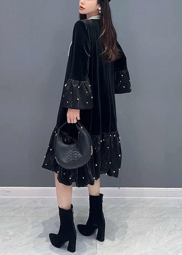 Black Zircon Patchwork Silk Velour Dress O Neck Long Sleeve