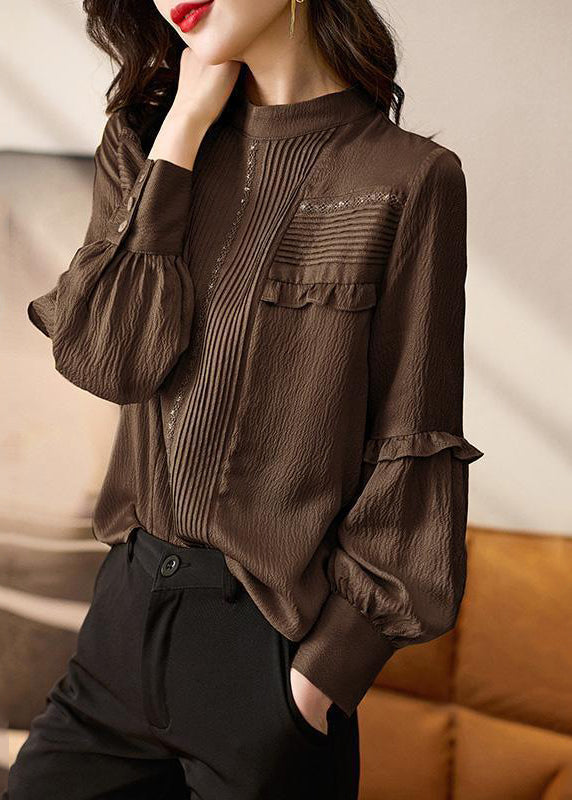 Stylish Chocolate O-neck Ruffled Patchwork Shirt Spring