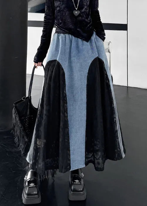Original Design Black Drawstring Pockets Lace Patchwork Denim Skirts Fall