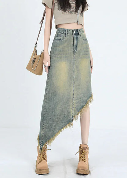 Blue Asymmetrical Tasseled Denim Skirt Summer