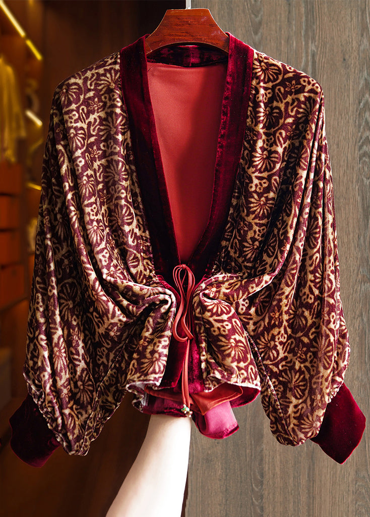 Wine Red Print Lace Up Patchwork Silk Velour Top Long Sleeve