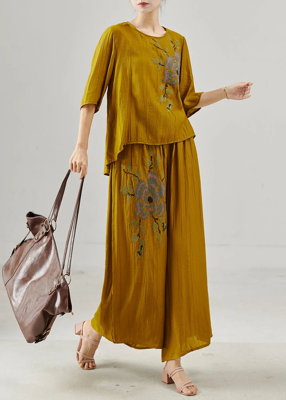 Yellow Embroidered Cotton Two Pieces Set Summer