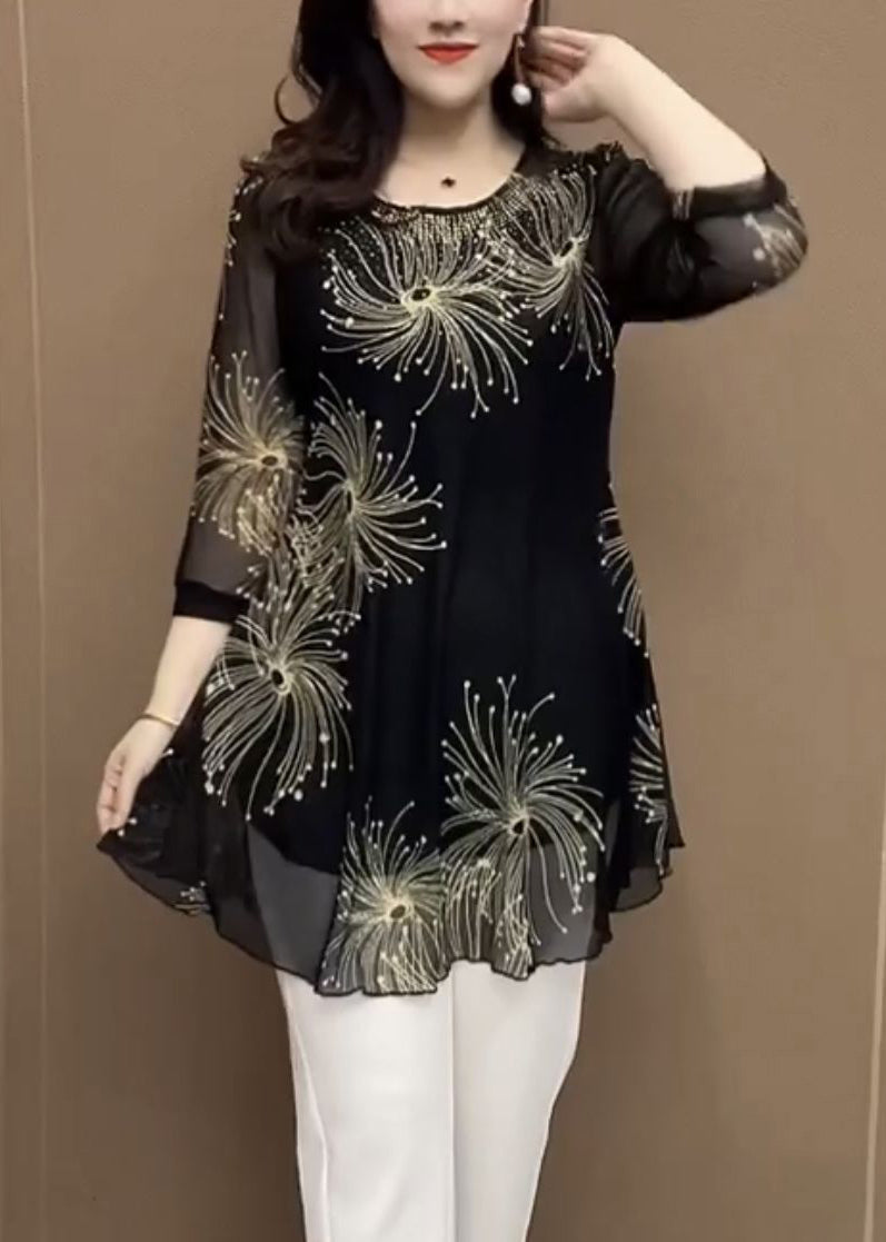 New Black O Neck Print Patchwork Chiffontops Half Sleeve