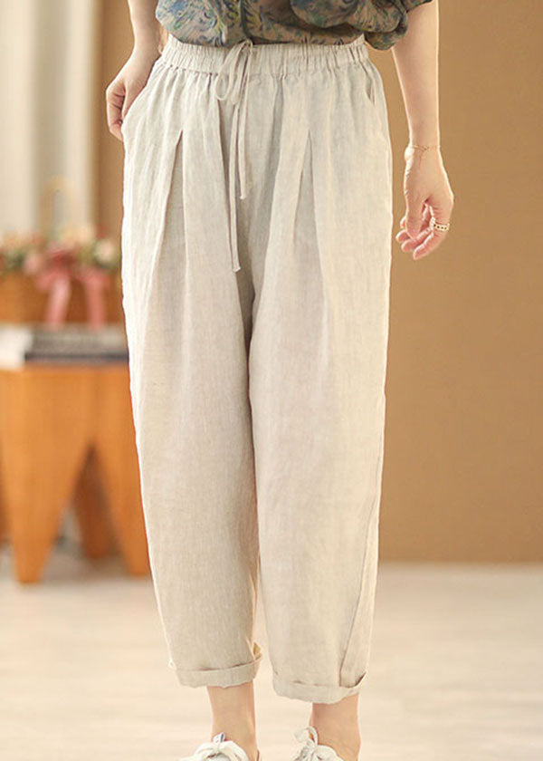 Simple Linen Color Elastic Waist Drawstring Pockets Color Linen Harem Pants Summer