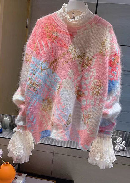 Red O-neck Print Lace Patchwork Cotton Knit Sweaters Fall