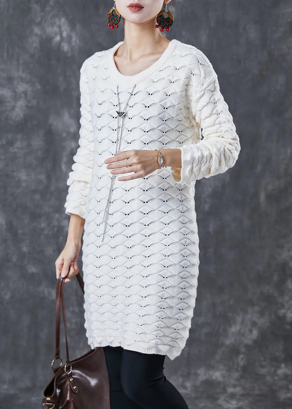 White O-neck Thick Knit Sweater Dress Winter